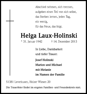 Anzeige von Helga Laux-Holinski von Kölner Stadt-Anzeiger / Kölnische Rundschau / Express