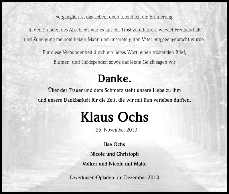 Traueranzeige für Klaus Ochs vom 21.12.2013 aus Kölner Stadt-Anzeiger / Kölnische Rundschau / Express