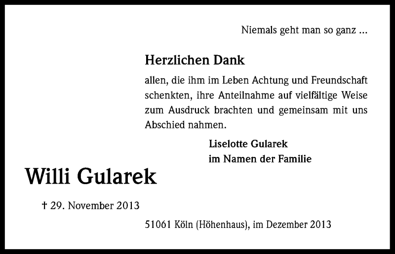  Traueranzeige für Willi Gularek vom 28.12.2013 aus Kölner Stadt-Anzeiger / Kölnische Rundschau / Express