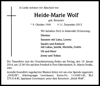 Anzeige von Heide-Marie Wolf von Kölner Stadt-Anzeiger / Kölnische Rundschau / Express