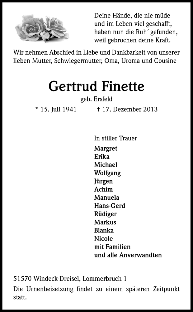  Traueranzeige für Gertrud Finette vom 21.12.2013 aus Kölner Stadt-Anzeiger / Kölnische Rundschau / Express