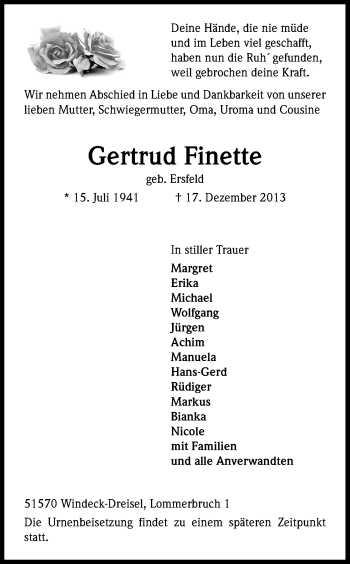 Anzeige von Gertrud Finette von Kölner Stadt-Anzeiger / Kölnische Rundschau / Express
