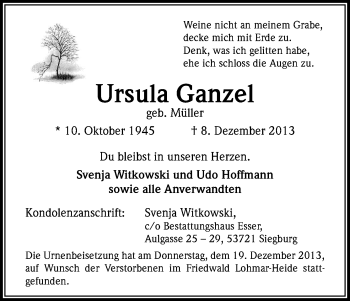 Anzeige von Ursula Ganzel von Kölner Stadt-Anzeiger / Kölnische Rundschau / Express