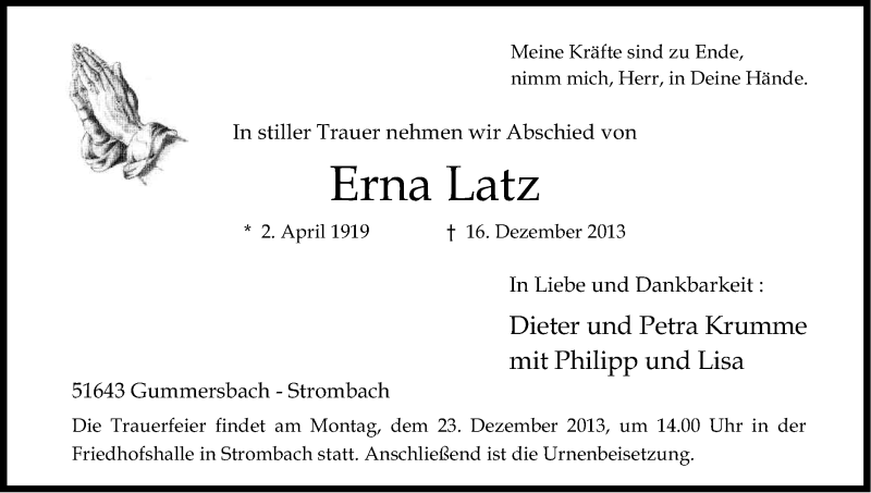  Traueranzeige für Erna Latz vom 19.12.2013 aus Kölner Stadt-Anzeiger / Kölnische Rundschau / Express
