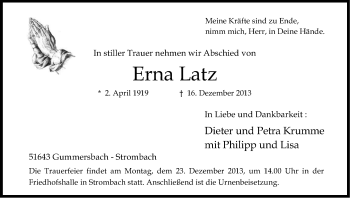 Anzeige von Erna Latz von Kölner Stadt-Anzeiger / Kölnische Rundschau / Express