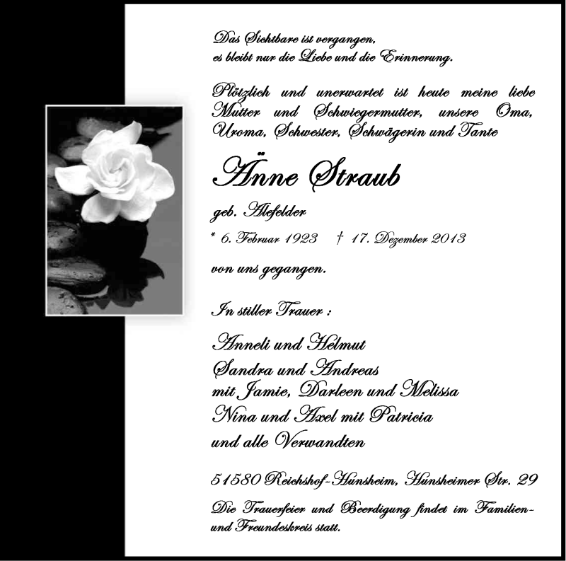  Traueranzeige für Anna Straub vom 19.12.2013 aus Kölner Stadt-Anzeiger / Kölnische Rundschau / Express