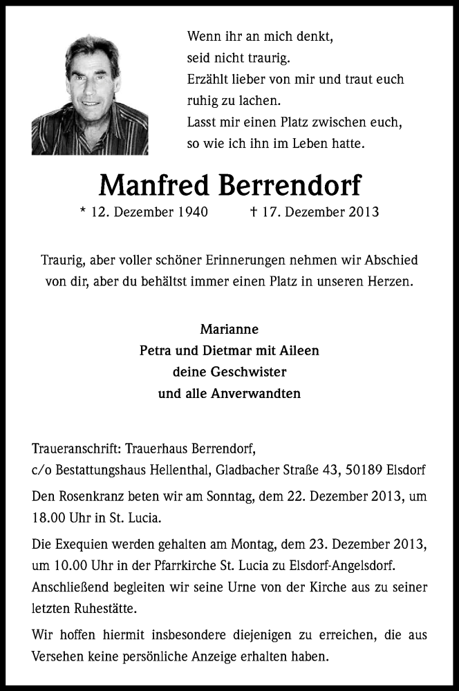  Traueranzeige für Manfred Berrendorf vom 21.12.2013 aus Kölner Stadt-Anzeiger / Kölnische Rundschau / Express