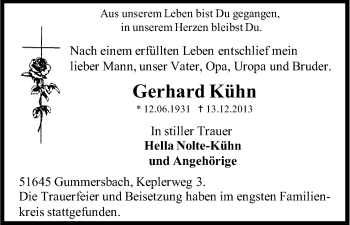 Anzeige von Gerhard Kuehn von Kölner Stadt-Anzeiger / Kölnische Rundschau / Express