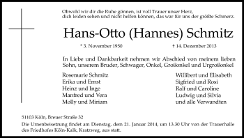 Anzeige von Hans-Otto Schmitz von Kölner Stadt-Anzeiger / Kölnische Rundschau / Express