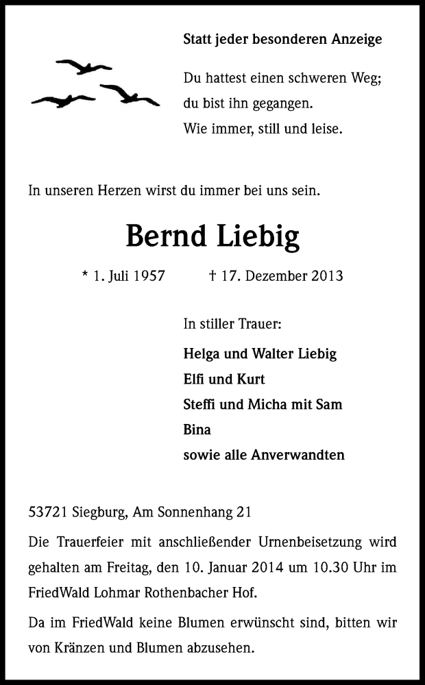  Traueranzeige für Bernd Liebig vom 04.01.2014 aus Kölner Stadt-Anzeiger / Kölnische Rundschau / Express