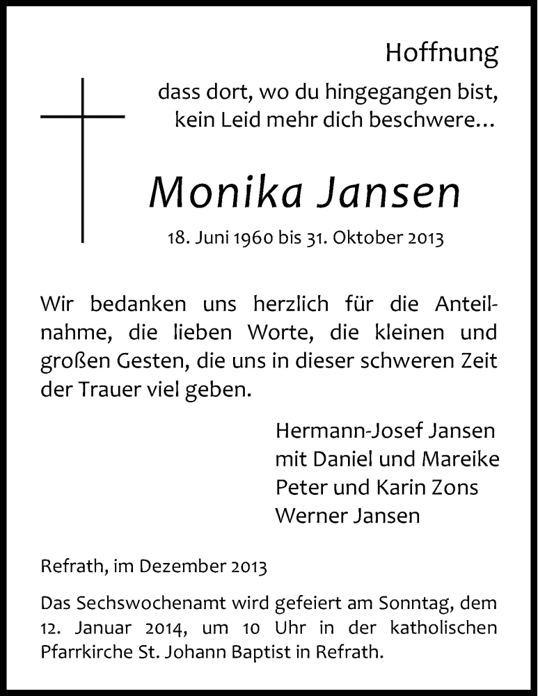  Traueranzeige für Monika Jansen vom 28.12.2013 aus Kölner Stadt-Anzeiger / Kölnische Rundschau / Express
