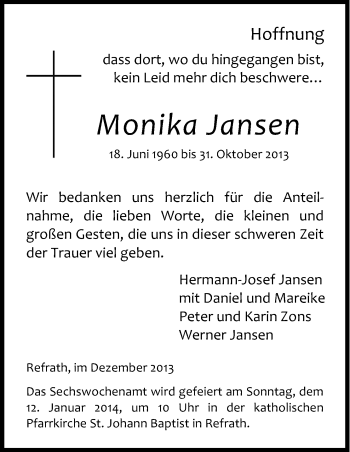 Anzeige von Monika Jansen von Kölner Stadt-Anzeiger / Kölnische Rundschau / Express