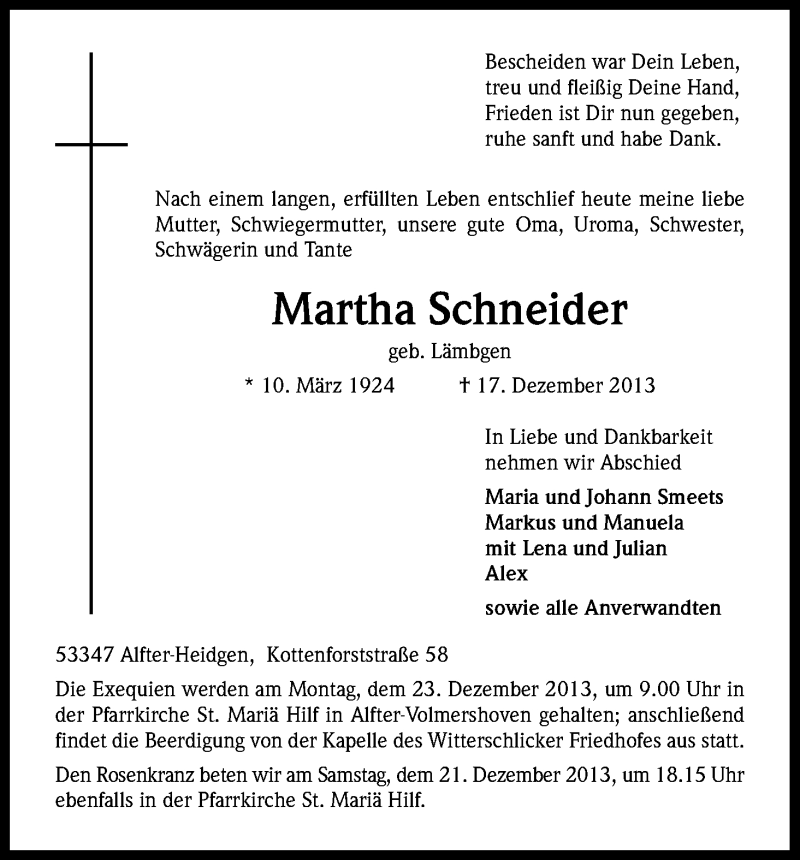  Traueranzeige für Martha Schneider vom 21.12.2013 aus Kölner Stadt-Anzeiger / Kölnische Rundschau / Express