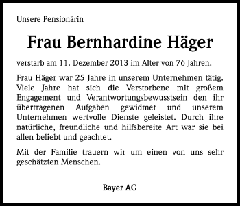 Anzeige von Bernhardine Häger von Kölner Stadt-Anzeiger / Kölnische Rundschau / Express