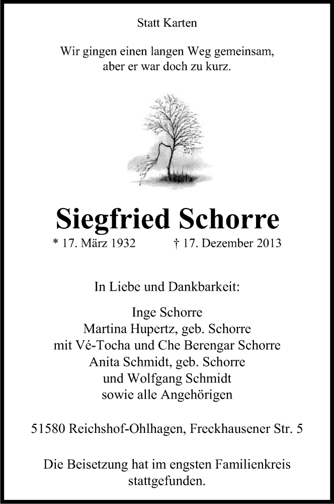  Traueranzeige für Siegfried Schorre vom 24.12.2013 aus Kölner Stadt-Anzeiger / Kölnische Rundschau / Express