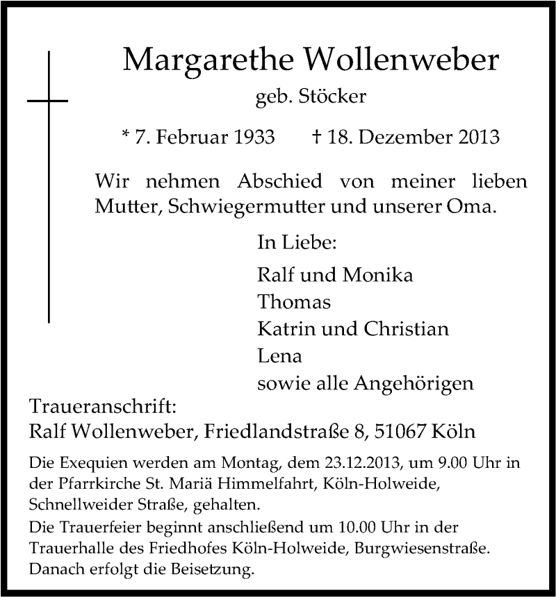  Traueranzeige für Margarethe Wollenweber vom 21.12.2013 aus Kölner Stadt-Anzeiger / Kölnische Rundschau / Express