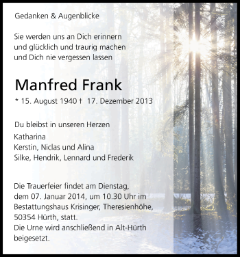 Anzeige von Manfred Frank von Kölner Stadt-Anzeiger / Kölnische Rundschau / Express