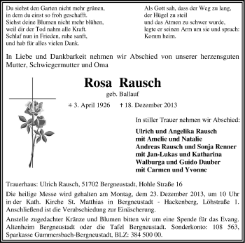 Anzeige von Rosa Rausch von Kölner Stadt-Anzeiger / Kölnische Rundschau / Express
