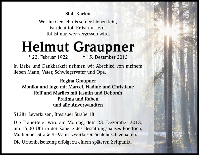  Traueranzeige für Helmut Graupner vom 20.12.2013 aus Kölner Stadt-Anzeiger / Kölnische Rundschau / Express