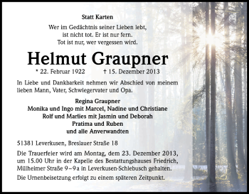 Anzeige von Helmut Graupner von Kölner Stadt-Anzeiger / Kölnische Rundschau / Express