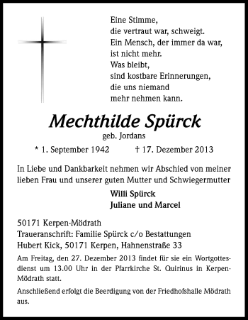 Anzeige von Mechthilde Spürck von Kölner Stadt-Anzeiger / Kölnische Rundschau / Express