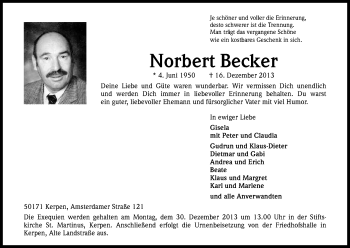 Anzeige von Norbert Becker von Kölner Stadt-Anzeiger / Kölnische Rundschau / Express
