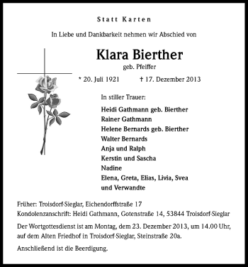 Anzeige von Klara Bierther von Kölner Stadt-Anzeiger / Kölnische Rundschau / Express
