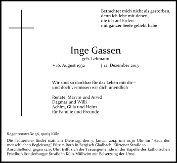 Anzeige von Inge Gassen von Kölner Stadt-Anzeiger / Kölnische Rundschau / Express