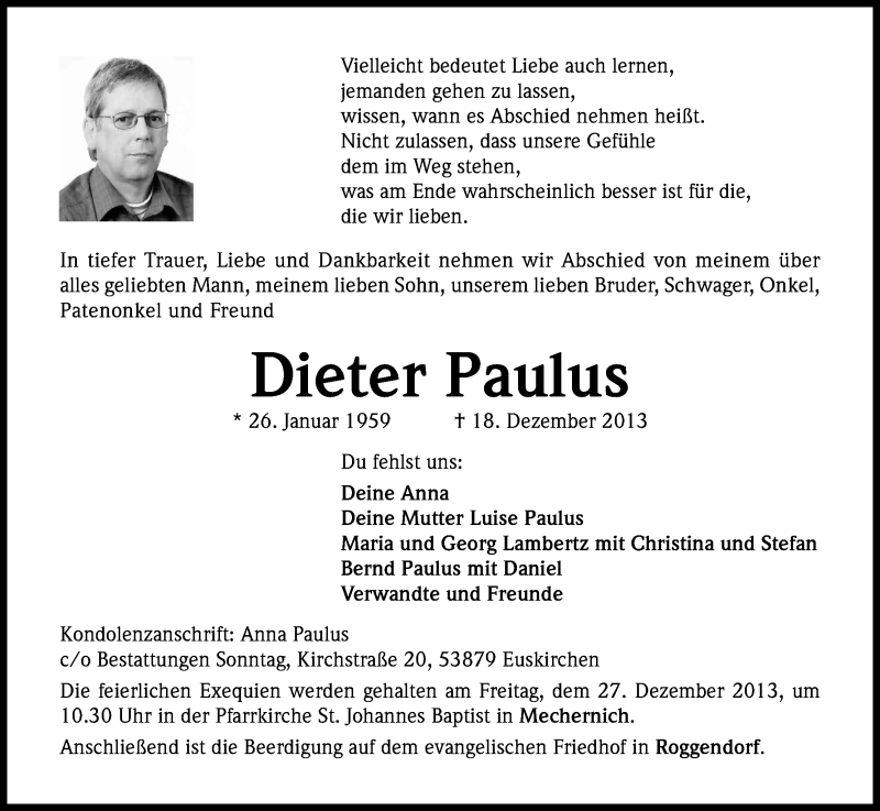  Traueranzeige für Dieter Paulus vom 21.12.2013 aus Kölner Stadt-Anzeiger / Kölnische Rundschau / Express