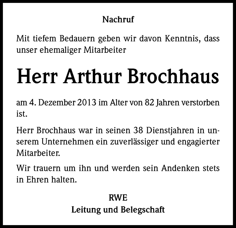  Traueranzeige für Arthur Brochhaus vom 20.12.2013 aus Kölner Stadt-Anzeiger / Kölnische Rundschau / Express