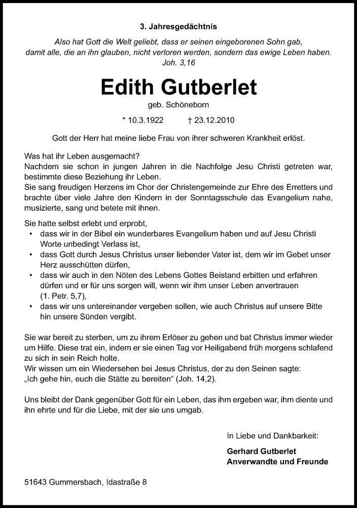  Traueranzeige für Edith Gutberlet vom 23.12.2013 aus Kölner Stadt-Anzeiger / Kölnische Rundschau / Express