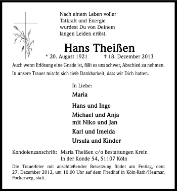 Anzeige von Hans Theißen von Kölner Stadt-Anzeiger / Kölnische Rundschau / Express