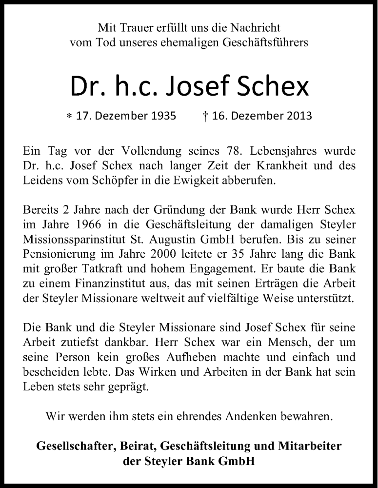  Traueranzeige für Josef Schex vom 21.12.2013 aus Kölner Stadt-Anzeiger / Kölnische Rundschau / Express