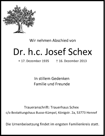 Anzeige von Josef Schex von Kölner Stadt-Anzeiger / Kölnische Rundschau / Express