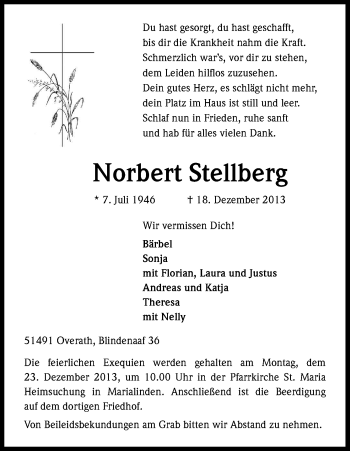 Anzeige von Norbert Stellberg von Kölner Stadt-Anzeiger / Kölnische Rundschau / Express