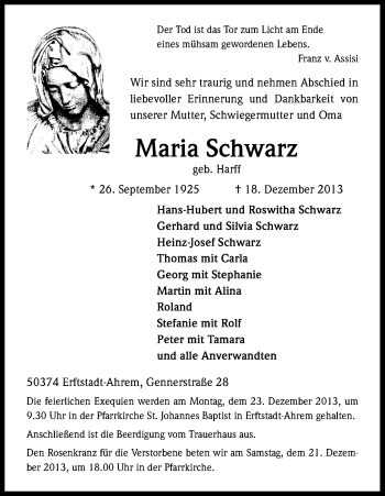 Anzeige von Maria Schwarz von Kölner Stadt-Anzeiger / Kölnische Rundschau / Express