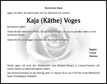 Anzeige von Kaja Voges von Kölner Stadt-Anzeiger / Kölnische Rundschau / Express