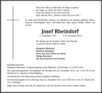 Anzeige von Josef Rheindorf von Kölner Stadt-Anzeiger / Kölnische Rundschau / Express