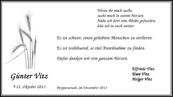 Anzeige von Günter Vitz von Kölner Stadt-Anzeiger / Kölnische Rundschau / Express