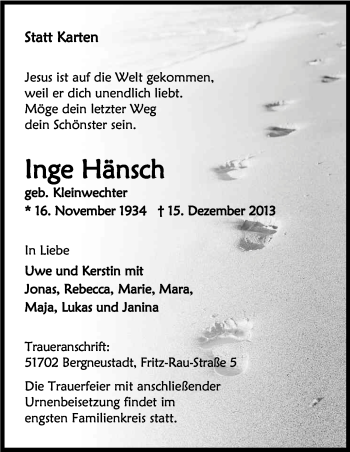 Anzeige von Inge Hänsch von Kölner Stadt-Anzeiger / Kölnische Rundschau / Express