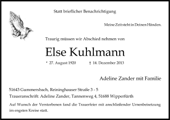 Anzeige von Else Kuhlmann von Kölner Stadt-Anzeiger / Kölnische Rundschau / Express