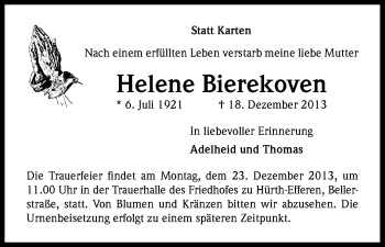 Anzeige von Helene Bierekoven von Kölner Stadt-Anzeiger / Kölnische Rundschau / Express
