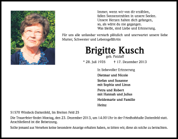 Anzeige von Brigitte Kusch von Kölner Stadt-Anzeiger / Kölnische Rundschau / Express