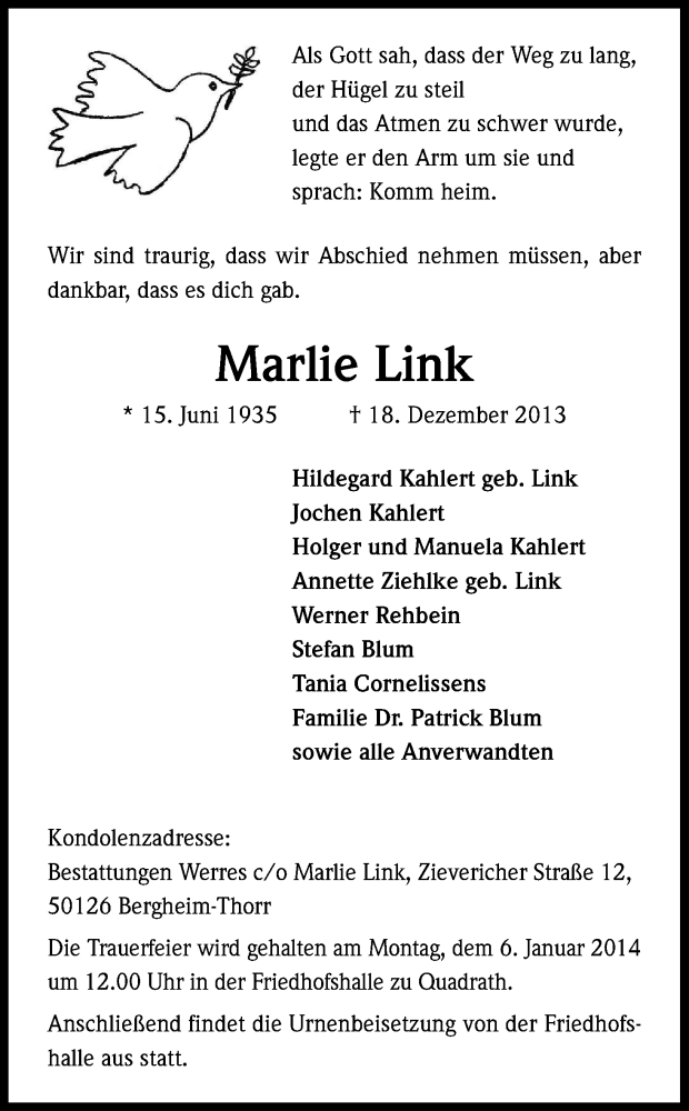  Traueranzeige für Marlie Link vom 28.12.2013 aus Kölner Stadt-Anzeiger / Kölnische Rundschau / Express