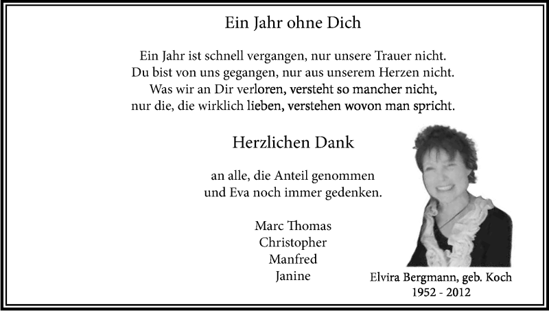  Traueranzeige für Elvira Bergmann vom 21.12.2013 aus Kölner Stadt-Anzeiger / Kölnische Rundschau / Express