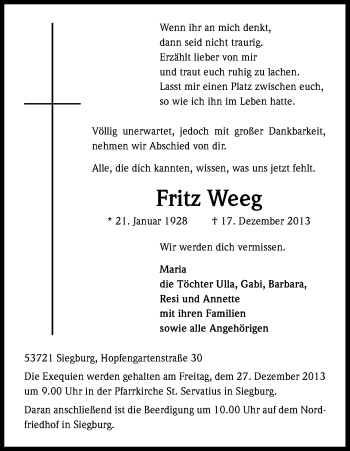 Anzeige von Fritz Weeg von Kölner Stadt-Anzeiger / Kölnische Rundschau / Express