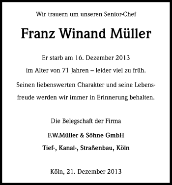 Anzeige von Franz Winand Müller von Kölner Stadt-Anzeiger / Kölnische Rundschau / Express