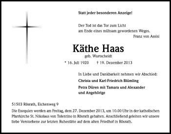 Anzeige von Käthe Haas von Kölner Stadt-Anzeiger / Kölnische Rundschau / Express