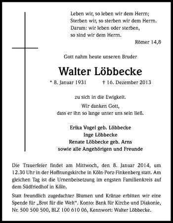 Anzeige von Walter Löbbecke von Kölner Stadt-Anzeiger / Kölnische Rundschau / Express