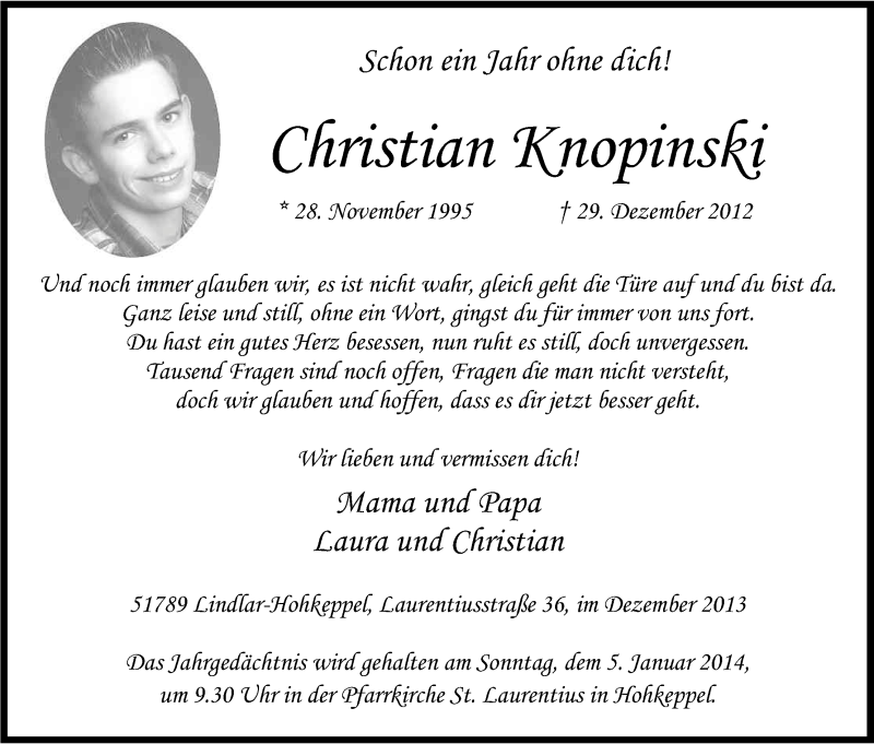  Traueranzeige für Christian Knopinski vom 28.12.2013 aus Kölner Stadt-Anzeiger / Kölnische Rundschau / Express
